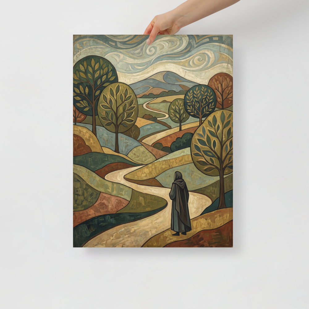 A calmness Les Nabis print, 'The Winding Path'. A decorative landscape painting of a cloaked figure walking on a winding path through rolling green and golden hills beneath swirling clouds, ideal for a living room or office.