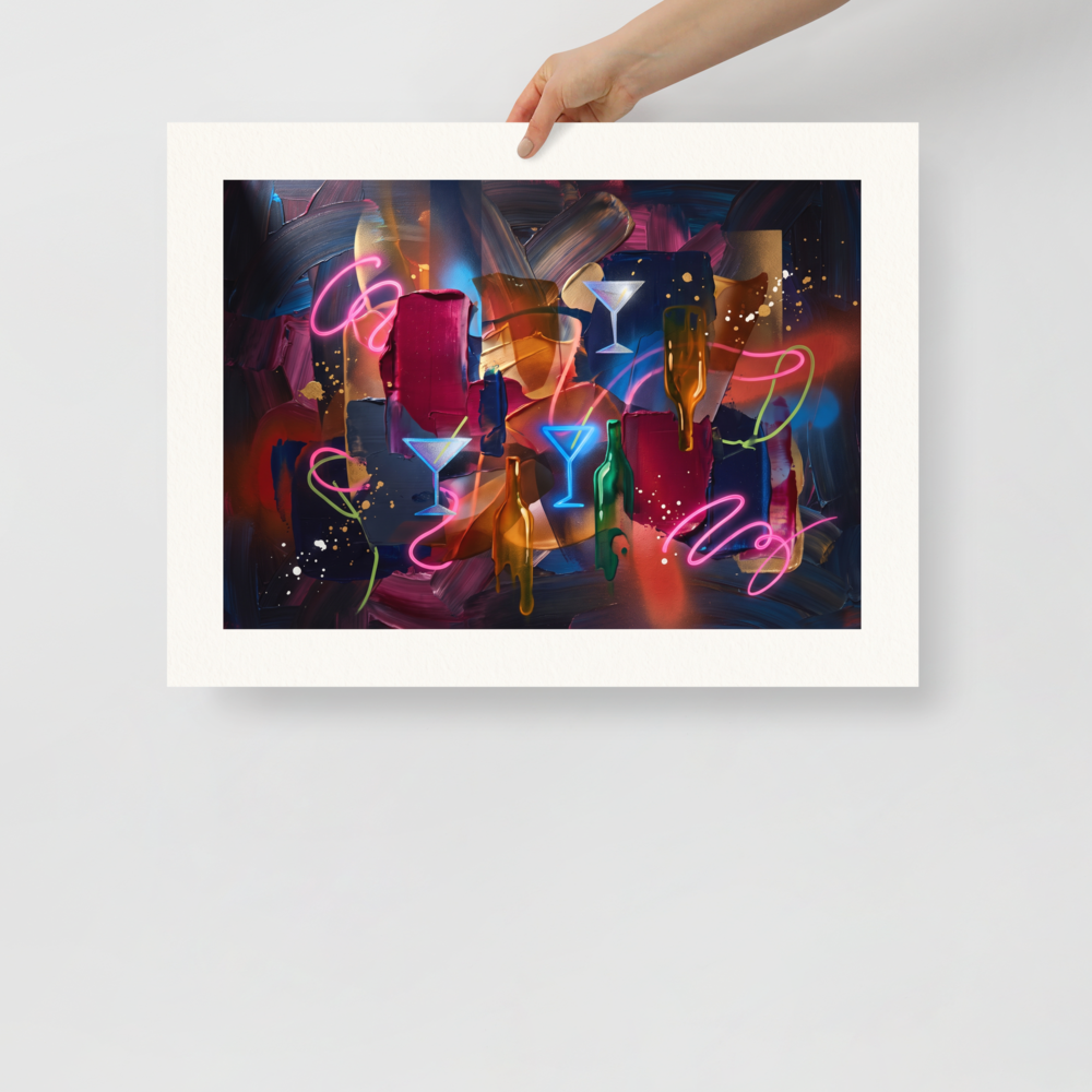 'Midnight Lounge Impasto'. An abstract composition featuring glowing neon martini glasses and bottles over thick dark brushstrokes, perfect for elevating a home bar or cigar lounge. Offered as a Pop art print.