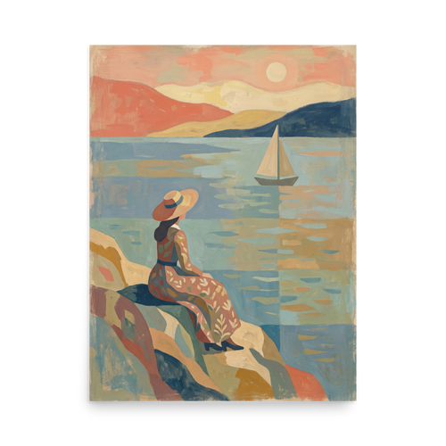 Les Nabis wall art, 'Coastal Reverie'. A serene Les Nabis coastal painting of a woman in a straw hat sitting on rocky cliffs looking out at a sailboat on calm waters under a soft peach sky, ideal for a bedroom or sunroom.