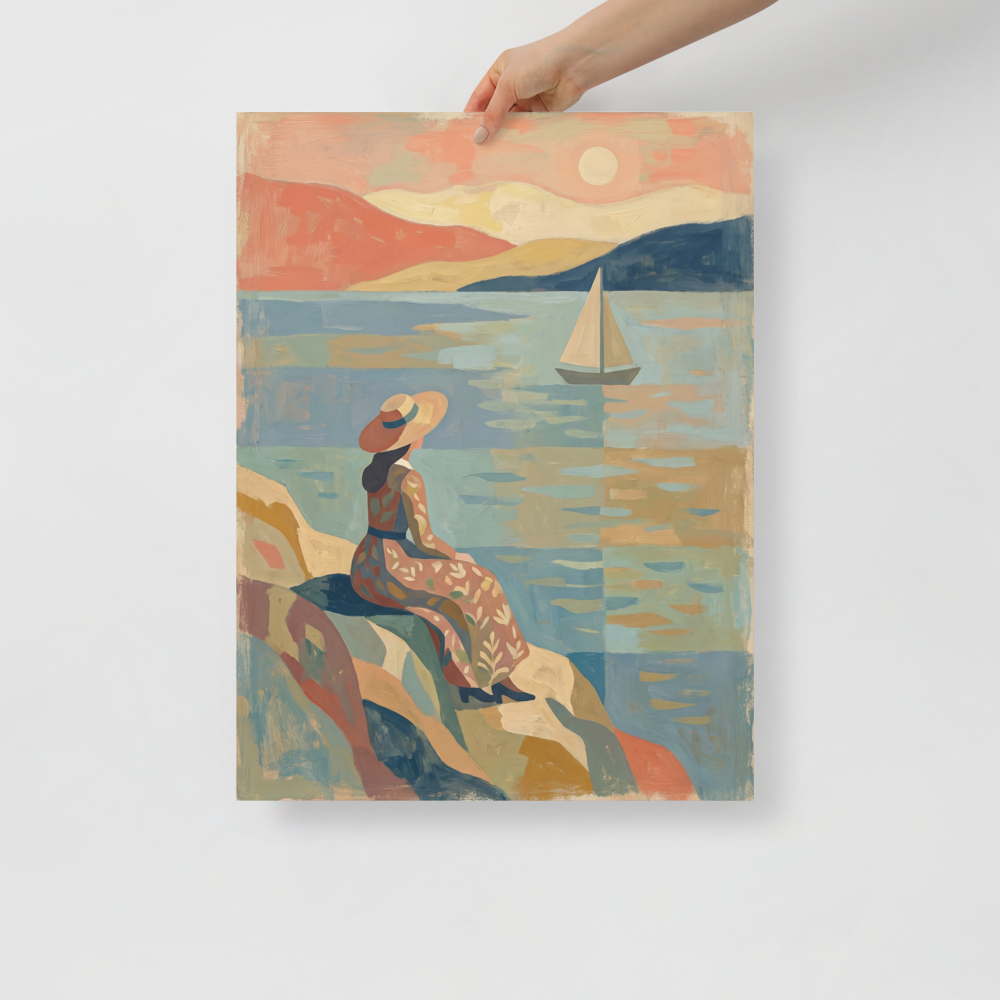 A calmness scene in steel blue and light salmon, 'Coastal Reverie'. A serene Les Nabis coastal painting of a woman in a straw hat sitting on rocky cliffs looking out at a sailboat on calm waters under a soft peach sky, ideal for a bedroom or sunroom.
