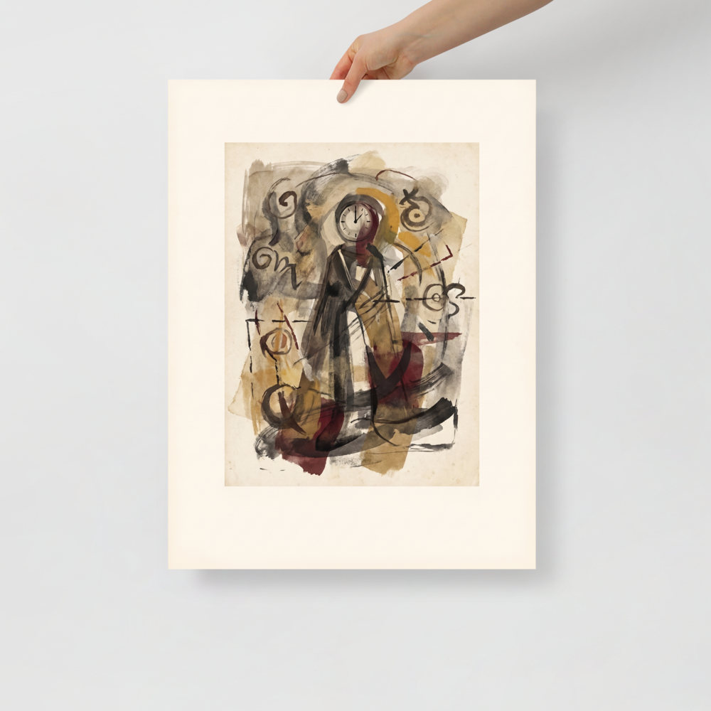 The Dau-al-Set print 'The Keeper of Time'. A surrealist watercolor wash depicting a standing figure with a clock for a head surrounded by arcane symbols and earthy brushstrokes, perfect for a quiet library or office.