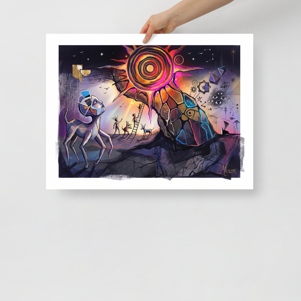 'The Concentric Sun' by Meron. Surreal multi-legged creatures gaze up at a radiant concentric sun with floating eyes and ladders against a starry sky, making a conversation piece for a living room. A Dau-al-Set wall art print.