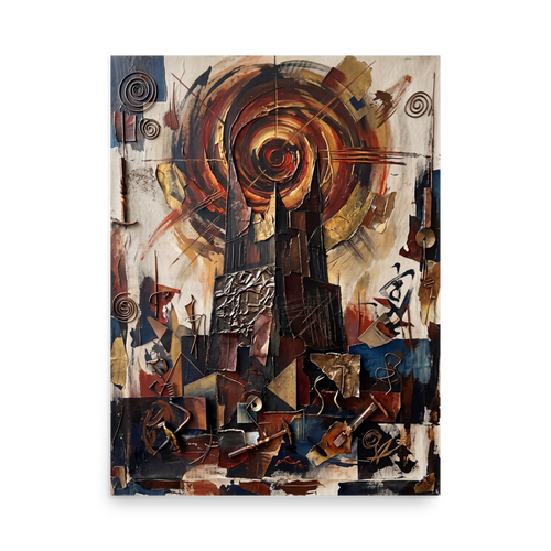 Dau-al-Set wall art for the living room, 'Cathedral of the Sun'. An abstract impasto and assemblage painting depicting dark gothic spires beneath a swirling bronze vortex of sun, surrounded by metallic fragments and spirals, perfect for an office.