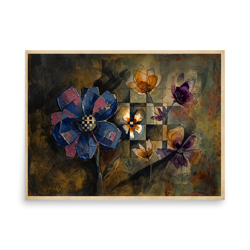 Textured blue and purple flowers with a checkerboard center float over an earthy geometric grid, making a refined focal point for a serene bedroom. A Dau-al-Set art print titled 'Checkered Flora'.