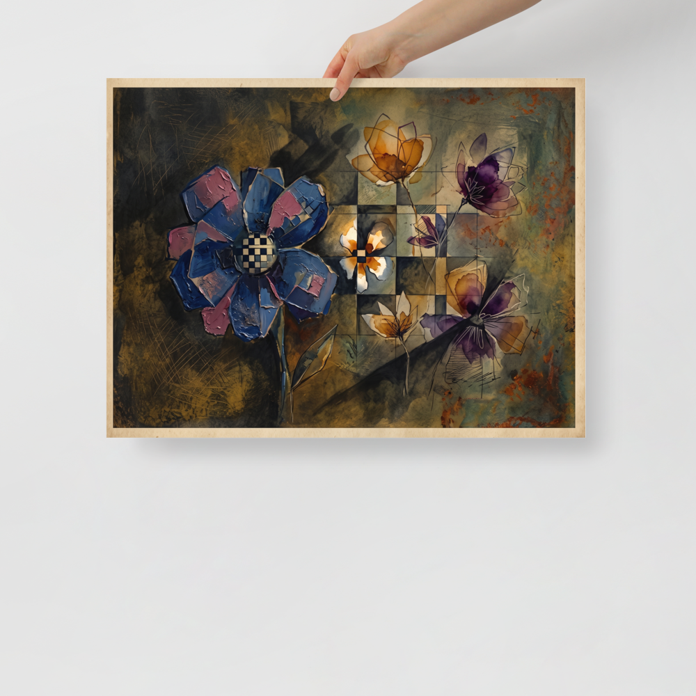 Dau-al-Set wall art exploring floral, 'Checkered Flora'. Textured blue and purple flowers with a checkerboard center float over an earthy geometric grid, making a refined focal point for a serene bedroom.