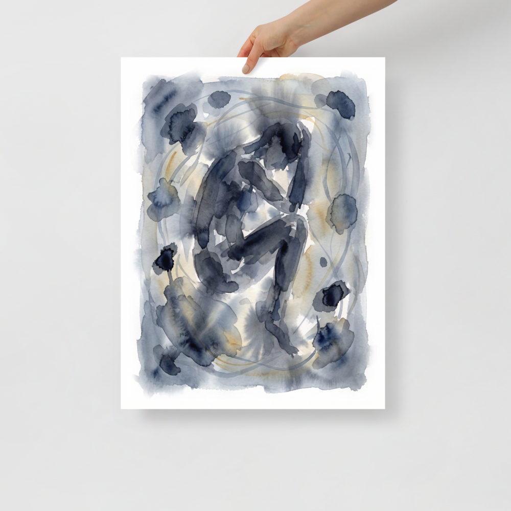 'Quiet Solitude' by Meron. A dark indigo watercolor figure crouched in contemplation surrounded by ink splotches, making a moody statement piece for a quiet bedroom or office. A Transgressive art wall art print.