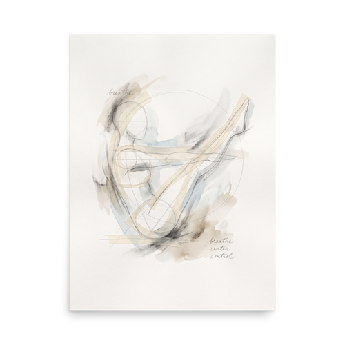A minimalist figure sketch in soft watercolor washes with gentle geometric lines and the handwritten words breathe, center, and control, creating a tranquil focus for a meditation room or bedroom. A Lyco art art print titled 'Breathe and Center'.
