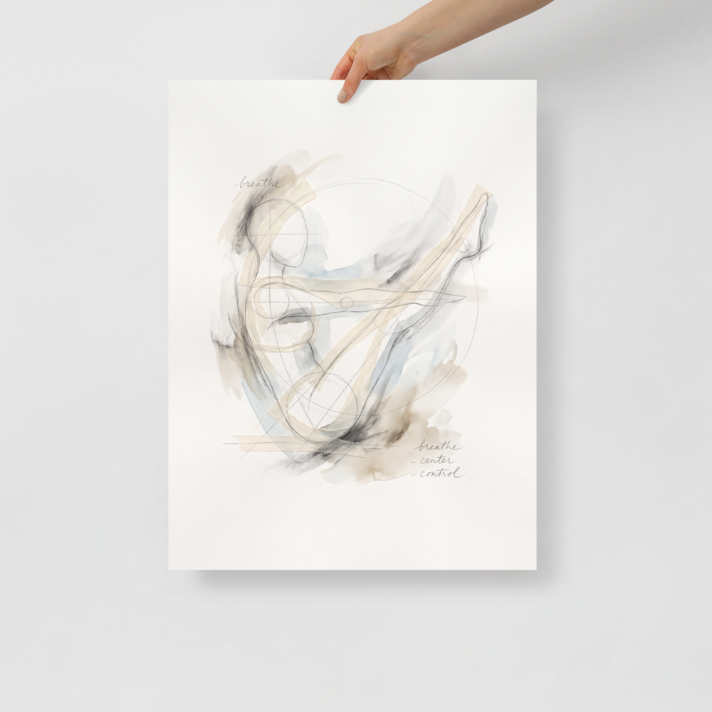'Breathe and Center', Lyco art wall art in beige and light gray. A minimalist figure sketch in soft watercolor washes with gentle geometric lines and the handwritten words breathe, center, and control, creating a tranquil focus for a meditation room or bedroom.