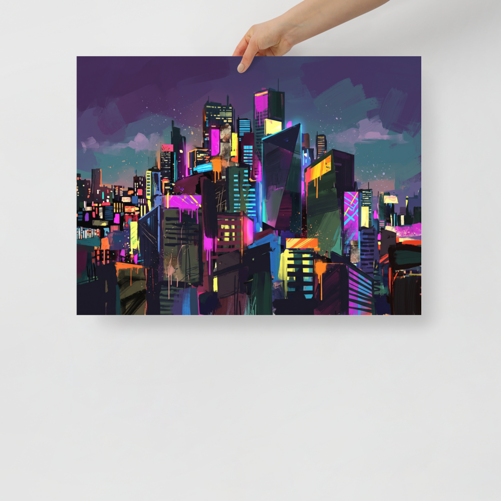 An expressive digital painting of a glowing futuristic skyline with neon lights and urban paint drips, creating a dynamic focal point for a Game Room or Office. A Neo-expressionism art print titled 'Neon Metropolis'.