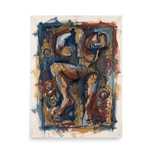 An abstract figurative oil painting of intertwined limbs in earthy sienna and muted blue tones, adding depth and brooding energy to a bedroom or living room. 'Abstract Limbs in Sienna', a Neo-expressionism print for the wall.