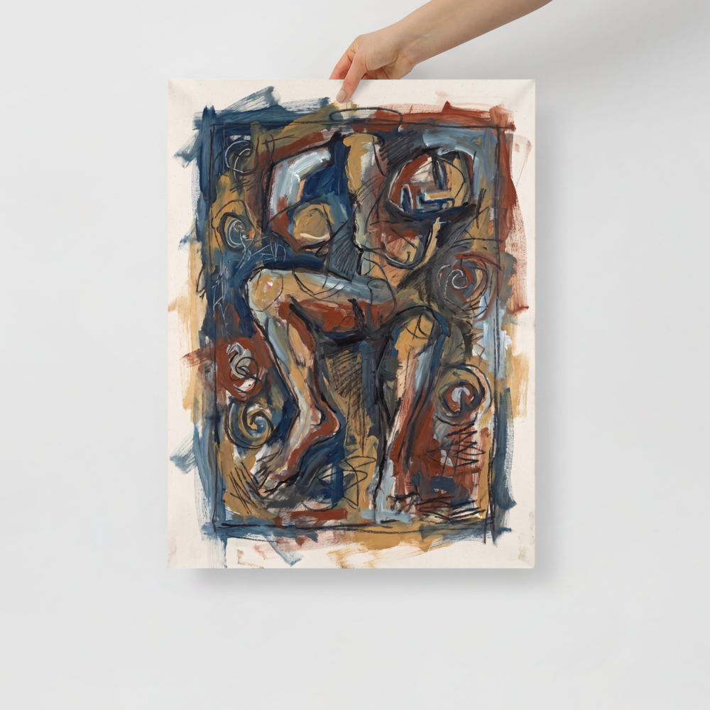 A brooding Neo-expressionism print, 'Abstract Limbs in Sienna'. An abstract figurative oil painting of intertwined limbs in earthy sienna and muted blue tones, adding depth and brooding energy to a bedroom or living room.