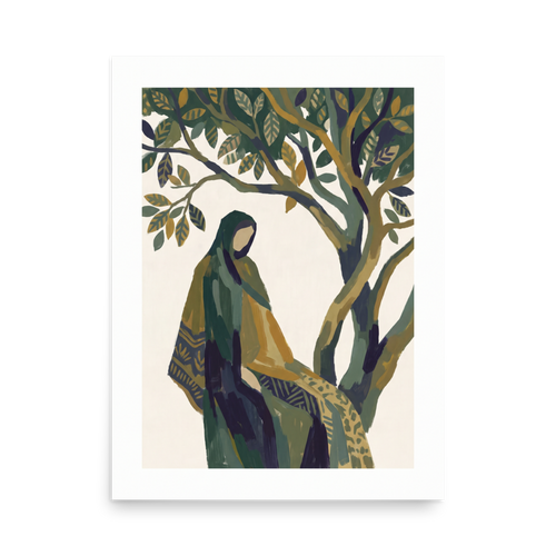 A tranquil painting of a cloaked figure sitting peacefully beneath the green branches of an olive tree, creating a calming centerpiece for a bedroom or meditation space. A calmness piece titled 'Beneath the Olive Tree'.