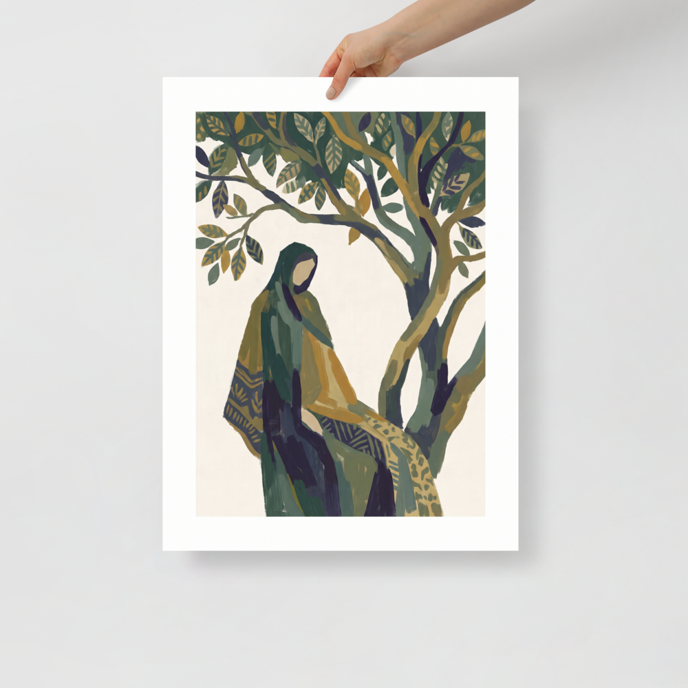 A tranquil painting of a cloaked figure sitting peacefully beneath the green branches of an olive tree, creating a calming centerpiece for a bedroom or meditation space. Available as the Les Nabis art print 'Beneath the Olive Tree'.
