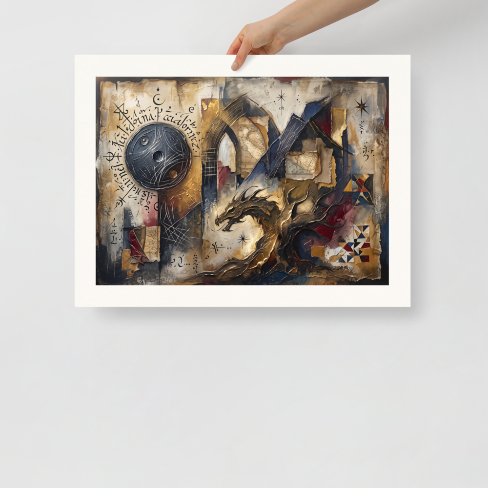 The Dau-al-Set print 'The Alchemist's Dragon'. An ornate mixed-media assemblage featuring a sculpted golden dragon, a dark celestial sphere with alchemical script, and torn map fragments, ideal for a library or study.