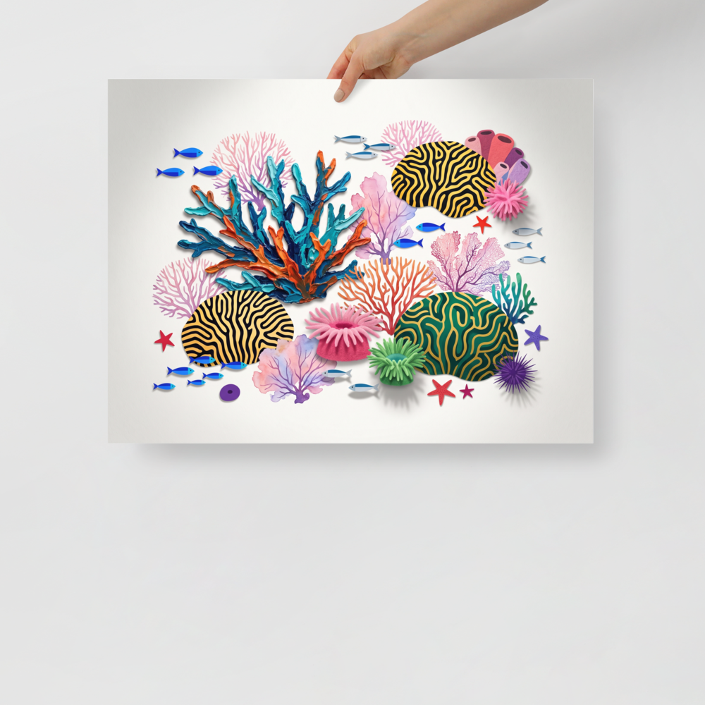 A colorful mixed-media illustration of a tropical reef with textured coral branches and swimming fish, creating a cheerful atmosphere for a Nursery or Bathroom. A Assemblage print in coral and turquoise, 'Reef Symphony'.