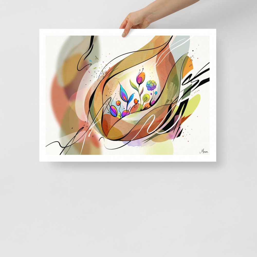 'Lyrical Blooms in Warm Light'. A lyrical abstract watercolor and ink composition of glowing flowers nestled within calligraphic brushstrokes, perfect for a peaceful bedroom or sunroom. Offered as a Lyrical abstraction print.