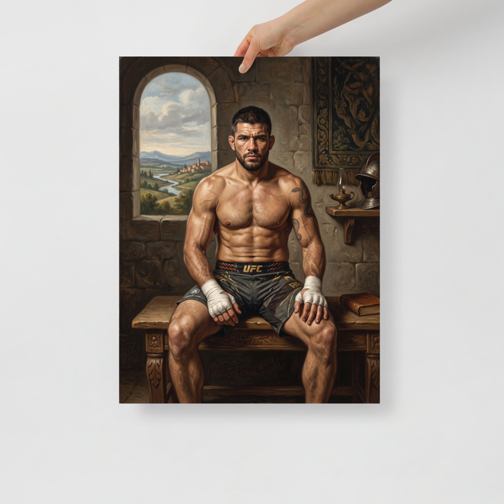 Renaissance wall art exploring sports, 'The Renaissance Gladiator'. An oil painting of a muscular UFC fighter with wrapped hands sitting on a wooden bench inside a stone room overlooking a Renaissance landscape, perfect for a gym or man cave.