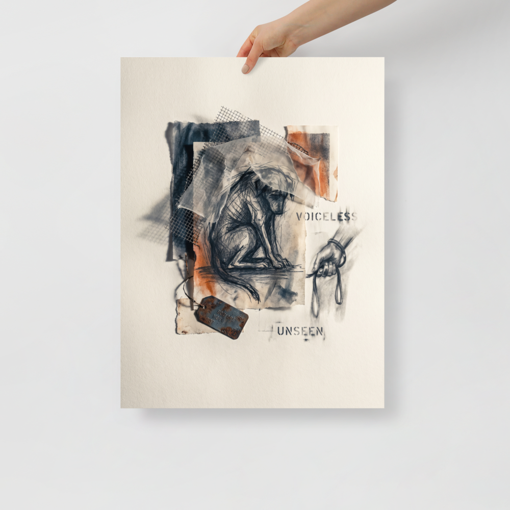 An emotional mixed-media collage featuring a charcoal drawing of a cowering dog under wire mesh and fabric, next to the stenciled words Voiceless and Unseen, suitable for a study or office. A Transgressive art print with a working in layers look, titled 'Voiceless and Unseen'.