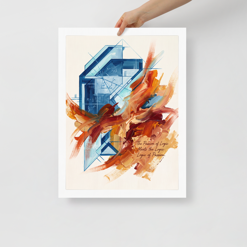 Cool blue architectural blueprints and equations intersect with dynamic sweeps of fiery orange oil paint, creating an striking contrast for modern office or living room wall decor. A Lyco art art print titled 'The Passion of Logic'.