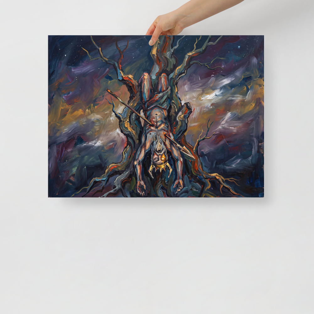 An expressionist oil painting of a crowned figure hanging upside down from a dark, twisting tree against a starry sky, perfect for adding dramatic flair to a man cave. A brooding piece titled 'The Hanged God'.