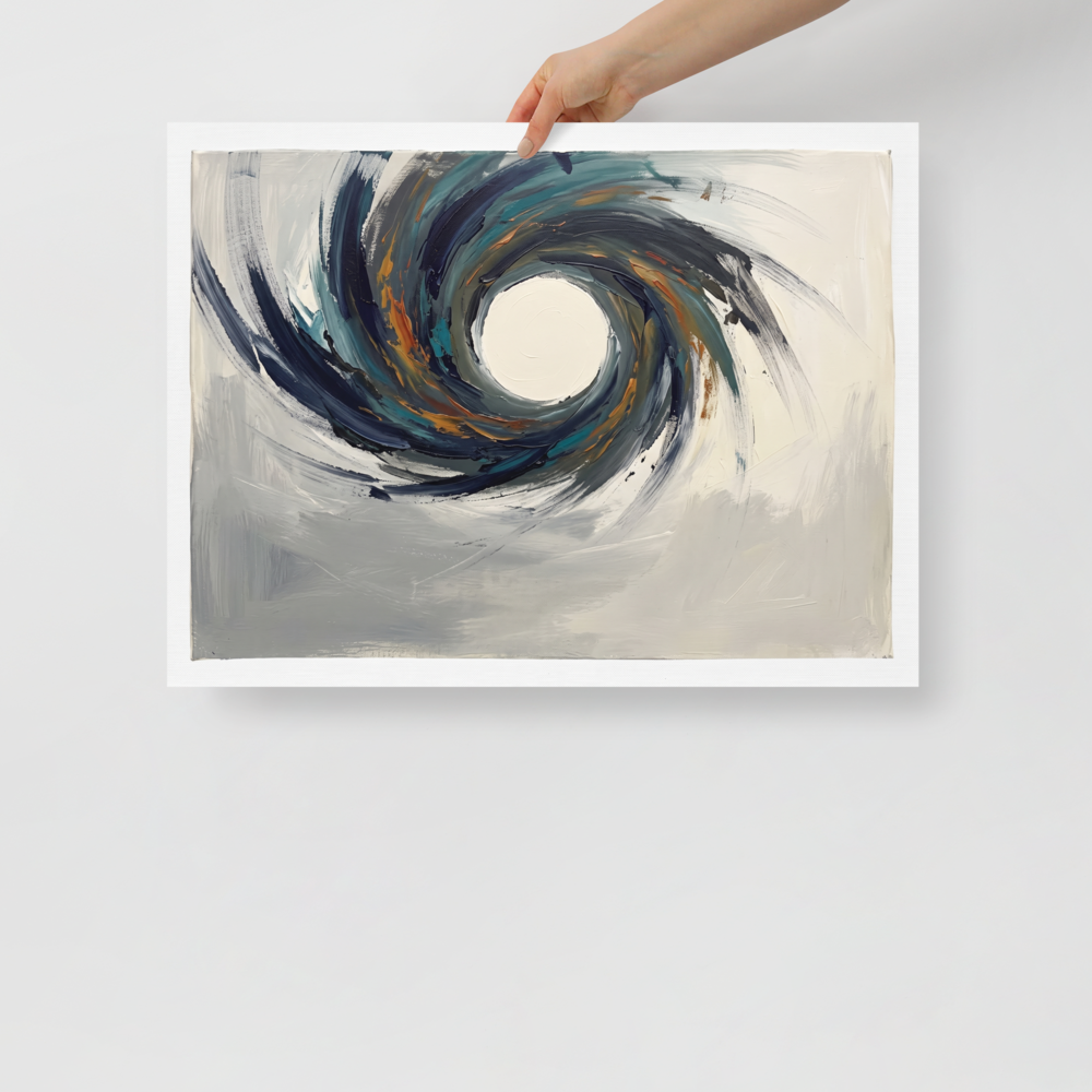 'The Primordial Void'. An abstract expressionist painting featuring a powerful, swirling vortex of navy, teal, and orange around a white center on a grey canvas, ideal for a modern living room. Offered as a Abstract expressionism print.