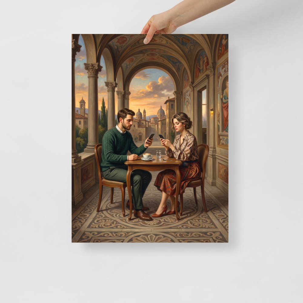 An oil painting depicting a modern man and woman sitting at a cafe table in a classical Renaissance loggia overlooking a sunset, both engrossed in their smartphones, ideal for a living room or office. A nostalgia piece titled 'Loggia of Distraction'.