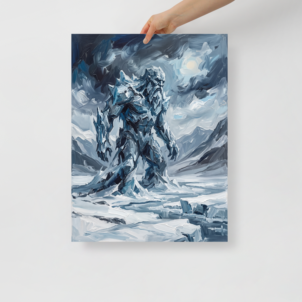Wall art print 'Titan of the Frost' in a Expressionism style. A moody oil painting of a giant ice titan walking through snowy mountains, perfectly suited for a Den or Man Cave.