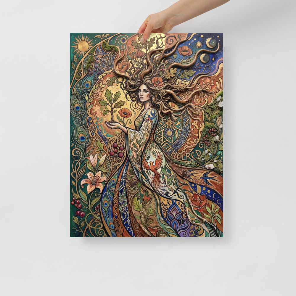 Fine art print 'Goddess of the Sacred Oak' in a Art Nouveau style. An ornate Art Nouveau painting of a nature goddess holding a young oak sapling amidst poppies, peacock feathers, and golden celestial symbols, bringing enchanting wonder to a bedroom or living room.