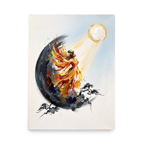 An expressionistic painting of a fiery celestial goddess rising towards the sun, framed by dark ink-like branches, perfect for an uplifting Bedroom. 'Ascent of the Sun Goddess', a Expressionism print for the wall.