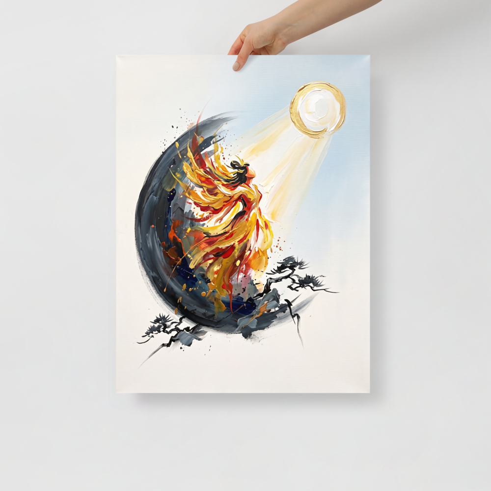 A wonder / awe scene in gold and orange, 'Ascent of the Sun Goddess'. An expressionistic painting of a fiery celestial goddess rising towards the sun, framed by dark ink-like branches, perfect for an uplifting Bedroom.
