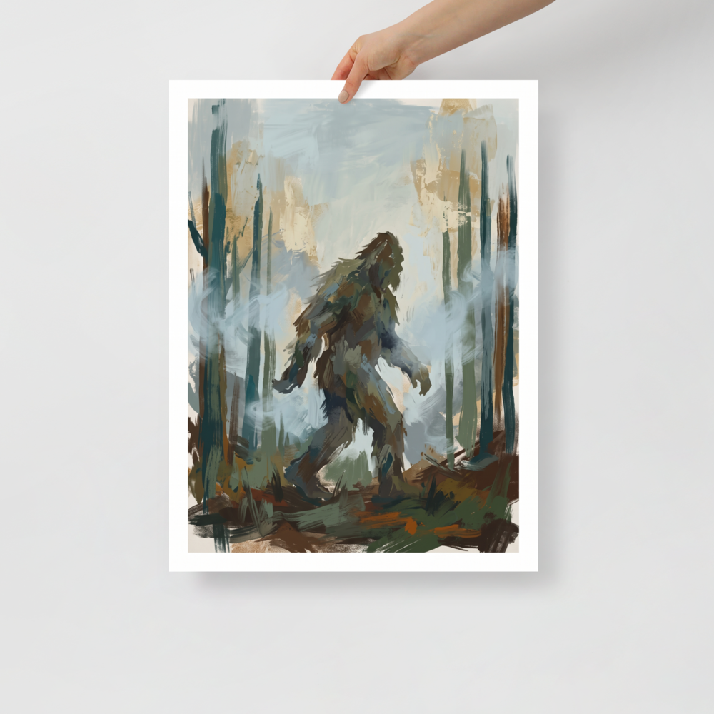 Impressionism wall art for the living room, 'Shadow of Pines'. Atmospheric painterly print of a Bigfoot walking through misty pine trees, ideal for a living room wall.