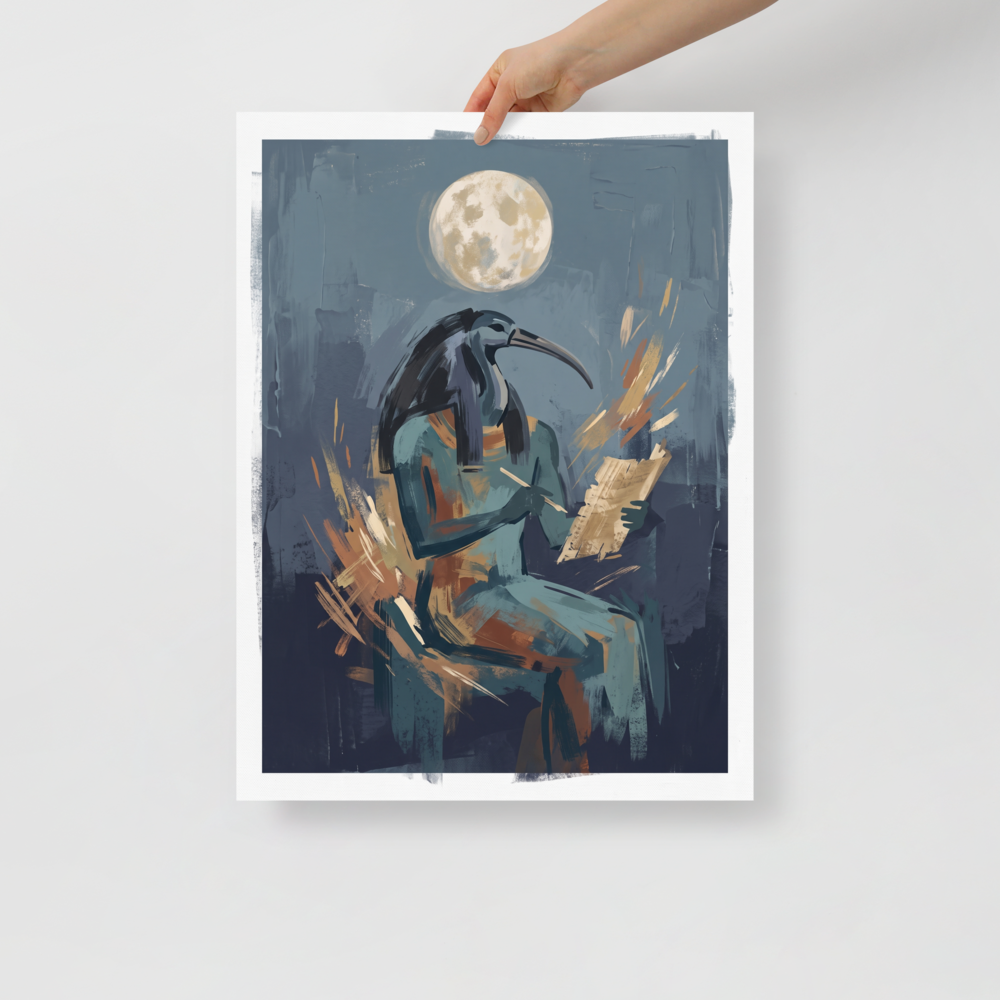 Expressionism wall art, 'The Scribe's Moonlight'. An expressive painting of the Egyptian god Thoth writing on a scroll under a full moon, featuring steel blue and sandy gold tones, ideal for a library or office.