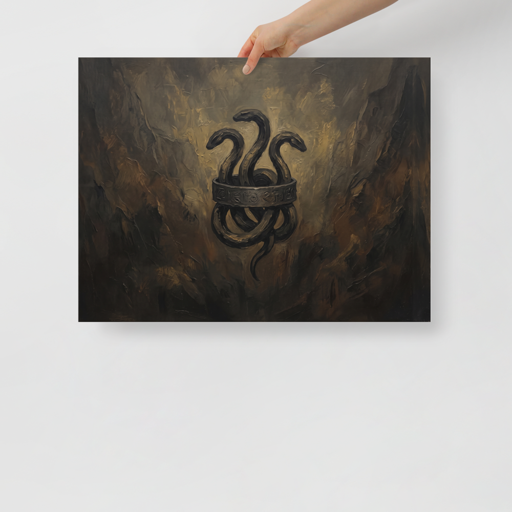 Fine art print 'Emblem of the Hydra' in a Symbolism style. Moody dark oil painting of a three-headed serpent bound by a carved bronze ring, ideal wall art for a man cave.