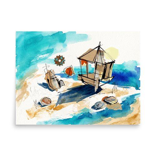 An abstract coastal watercolor and collage painting of a beach cabana, sailboats, and seashells in vibrant turquoise and aquamarine washes on white paper, perfect for a living room. A Dau-al-Set print with a watercolor painting look, titled 'Coastal Assemblage'.