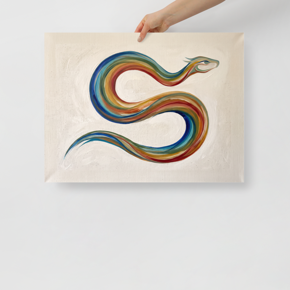 The Modernism print 'Path of the Rainbow Serpent'. Minimalist painting of the mythical Rainbow Serpent in colorful sweeping S-curves, perfect wall art for an entryway.