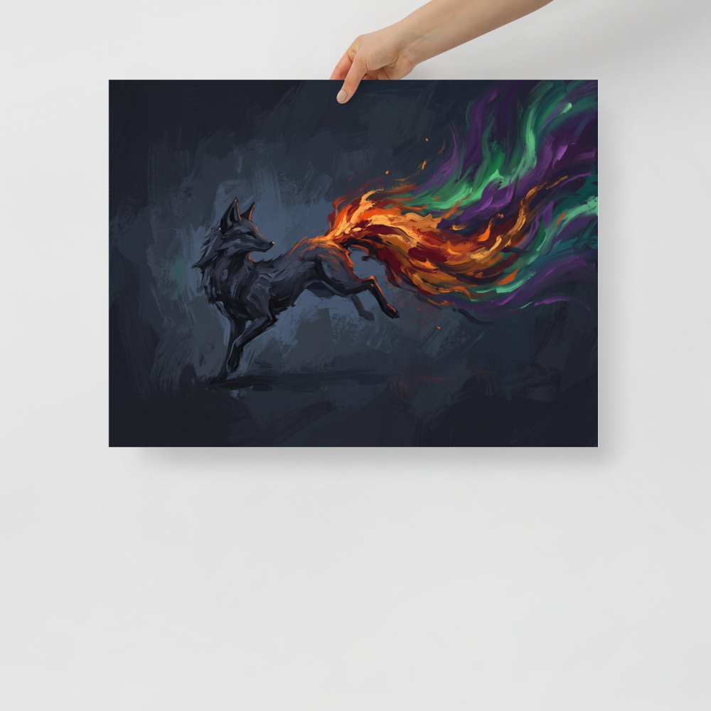 'The Spirit Fox', part of Meron's Expressionism wall art. A dark painting of a leaping fox with a colorful, magical tail of orange, green, and purple fire, perfect for a mystical Game Room.