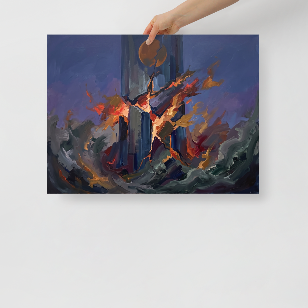 Dramatic expressionist painting of a stone tower breaking apart in fiery explosion, ideal for a living room wall. Available as the Expressionism art print 'The Falling Tower'.