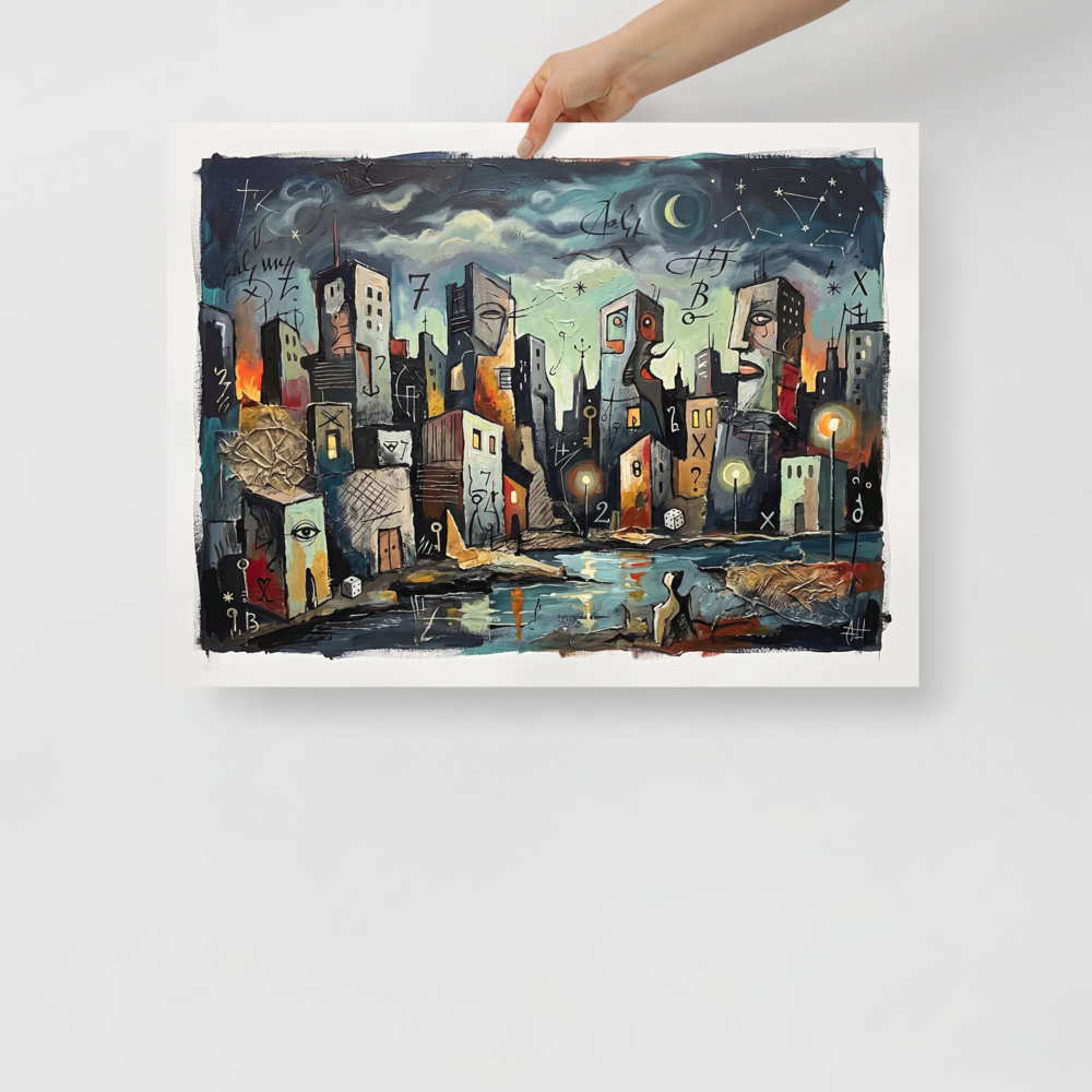 A dreamy Dau-al-Set print, 'Faces of the Harbor'. A surreal oil painting of an anthropomorphic harbor city with face-shaped buildings, glowing street lamps, and cryptic symbols under a starry night sky, ideal for a library or living room.
