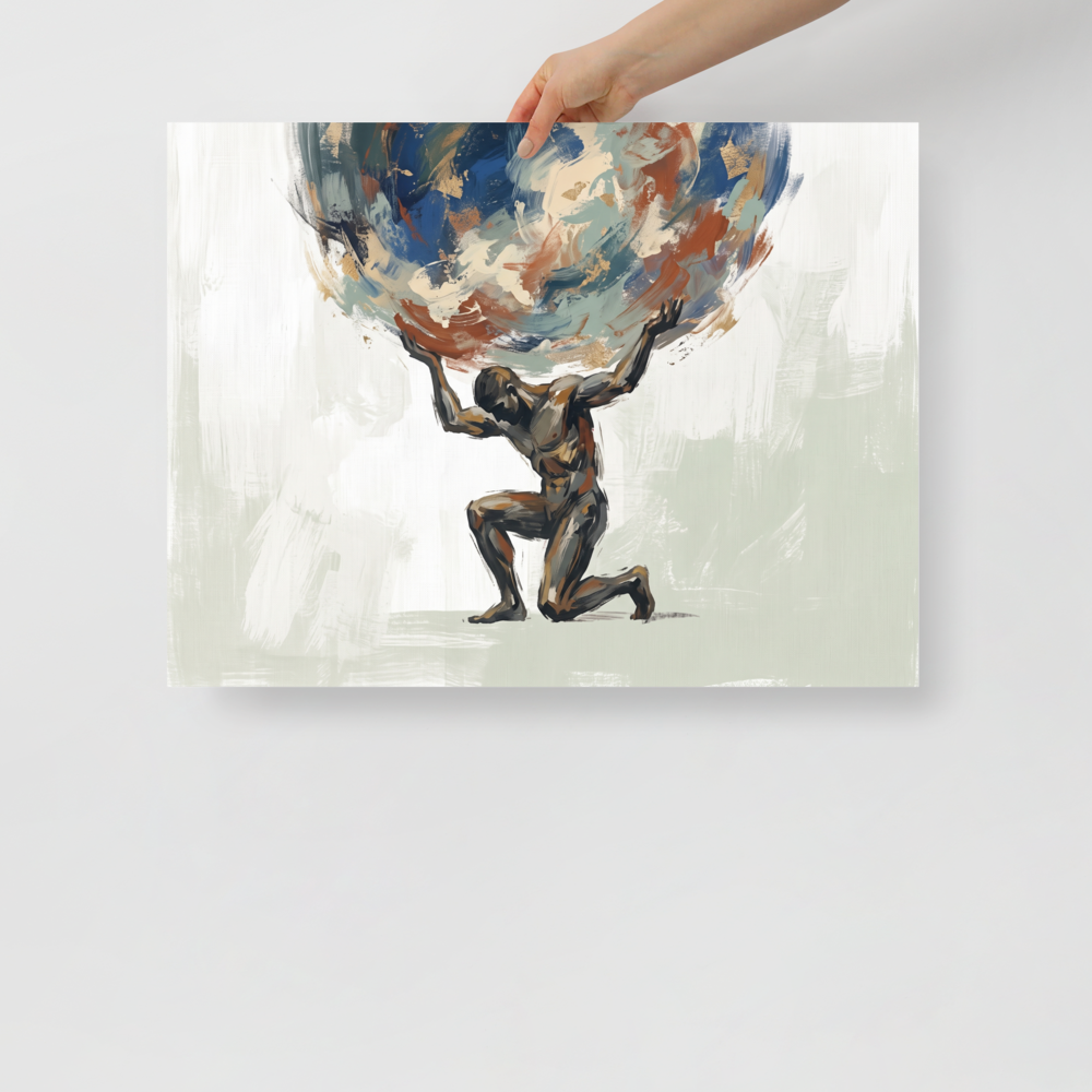 Wall art print 'The Weight of the World' in a Expressionism style. An expressive painting of the mythological titan Atlas kneeling as he holds up a massive, swirling globe of blue and gold, perfect for a study or gym.