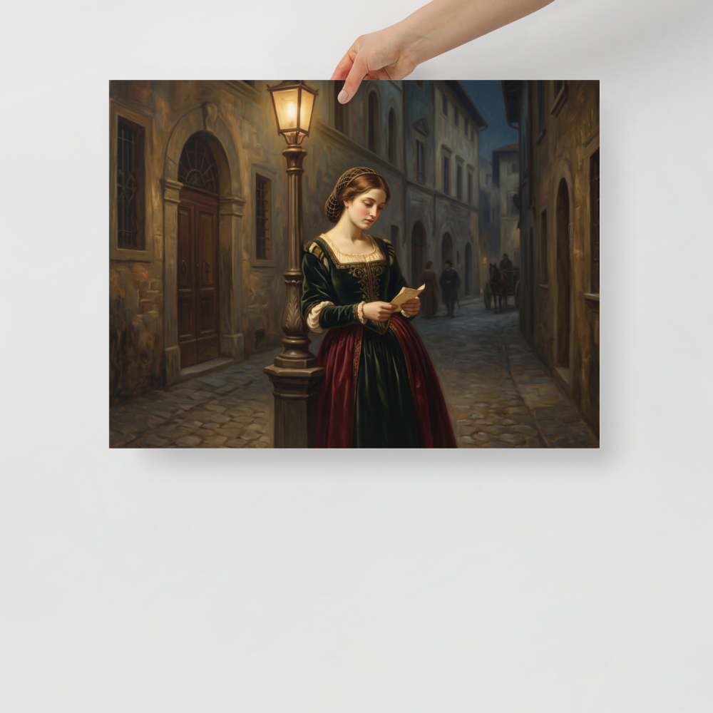 A nostalgia scene in dark green and red, 'Letters by Lamplight'. An oil painting of a young Renaissance woman in a green gown reading a letter under a glowing street lamp on a cobblestone street at dusk, fitting for a bedroom or living room.