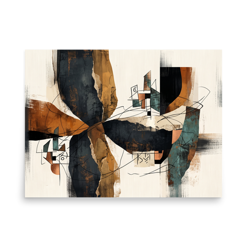 An abstract layered composition of charcoal, ochre, and teal swatches overlaid with fine architectural sketches, perfect for a modern office or living room. Shown here as the Abstract expressionism print 'Architectural Fragments in Ochre'.