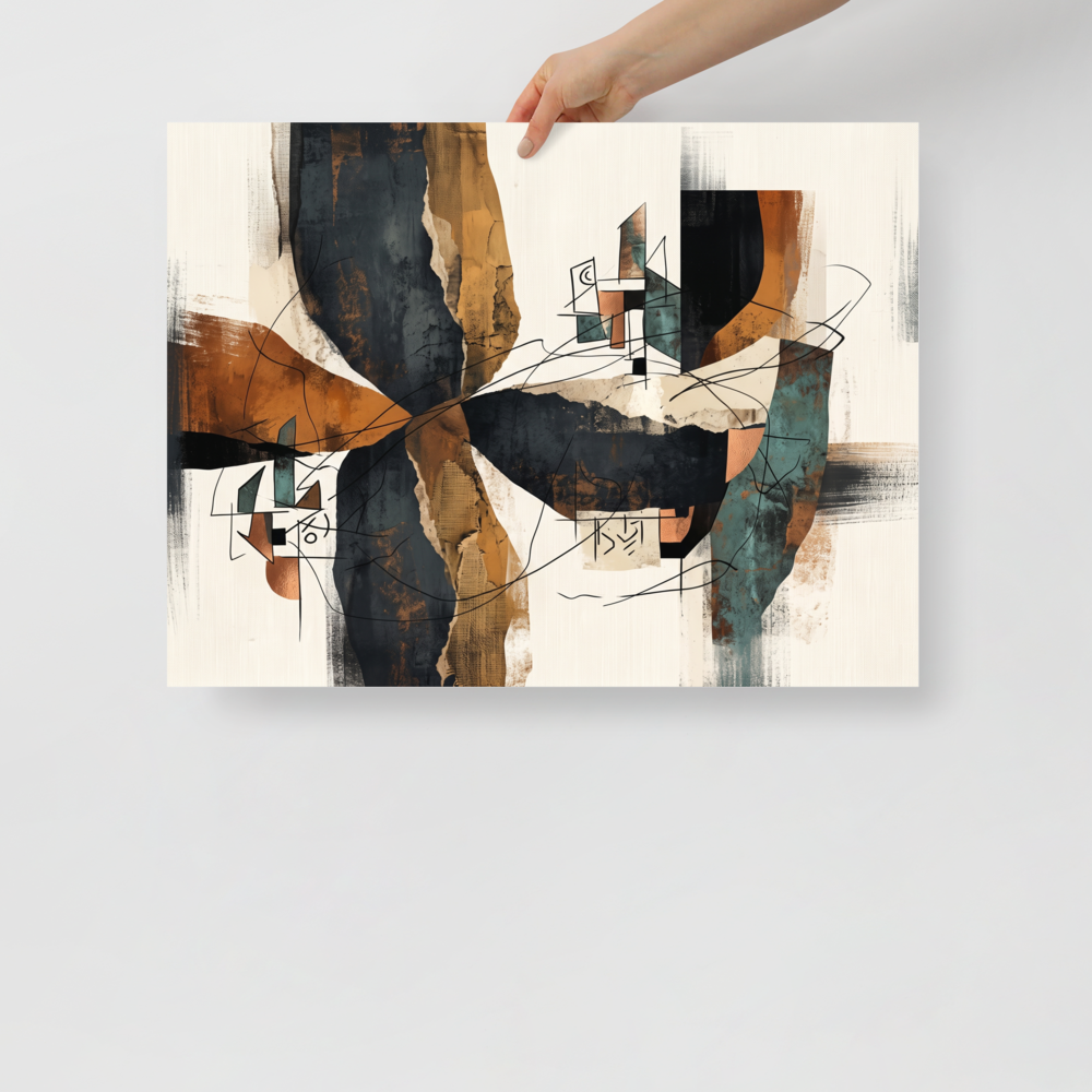 An abstract layered composition of charcoal, ochre, and teal swatches overlaid with fine architectural sketches, perfect for a modern office or living room. A Abstract expressionism art print titled 'Architectural Fragments in Ochre'.