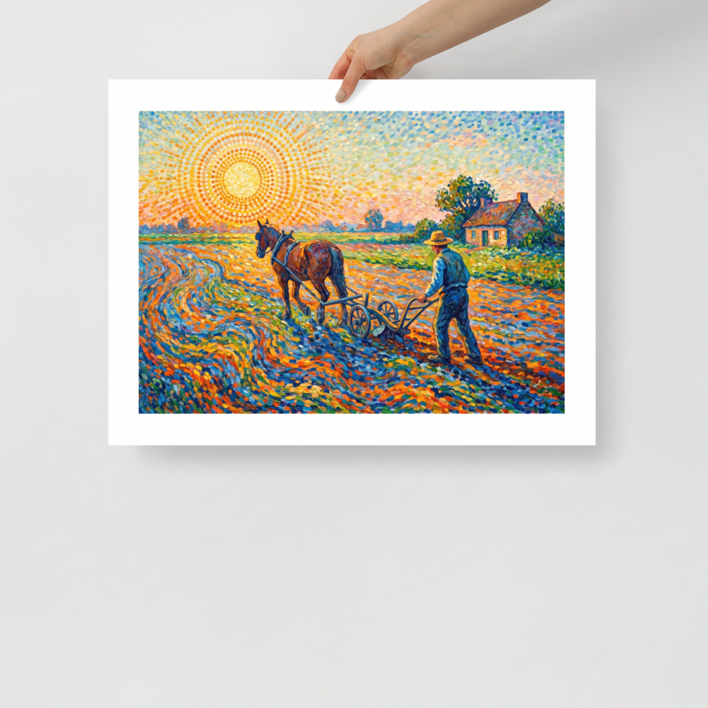 Pointillism wall art, 'The Radiant Field'. A Pointillist rural scene depicting a farmer plowing a sunlit field with a horse, styled for a Living Room.