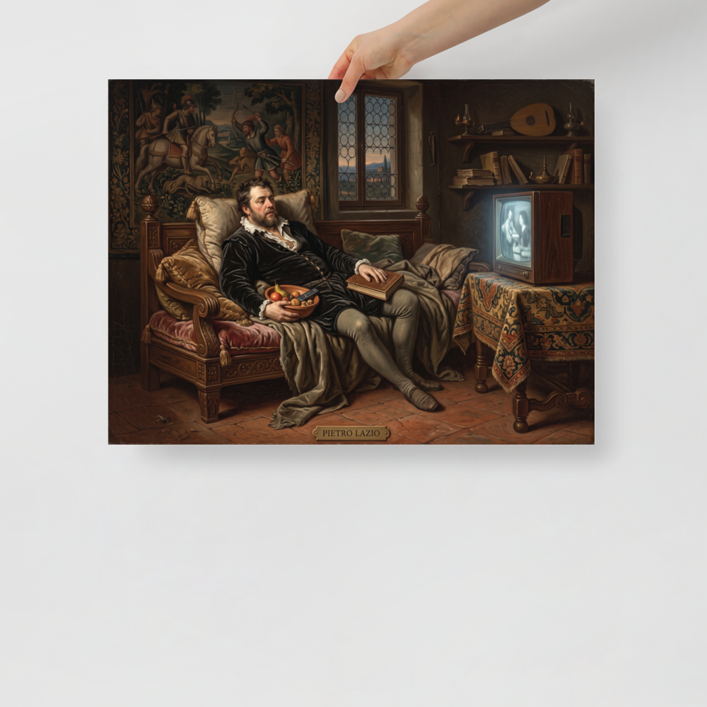 'The Renaissance Couch Potato', Renaissance wall art in brown and black. An oil painting of a Renaissance gentleman reclining on a daybed with a bowl of fruit and remote control watching a vintage television, perfect for a living room or man cave.