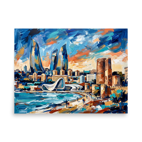 Expressionism wall art exploring architecture, 'City of Flames'. Vibrant expressionist painting of futuristic flame towers and historic stone fortress by the sea, ideal for a living room wall.
