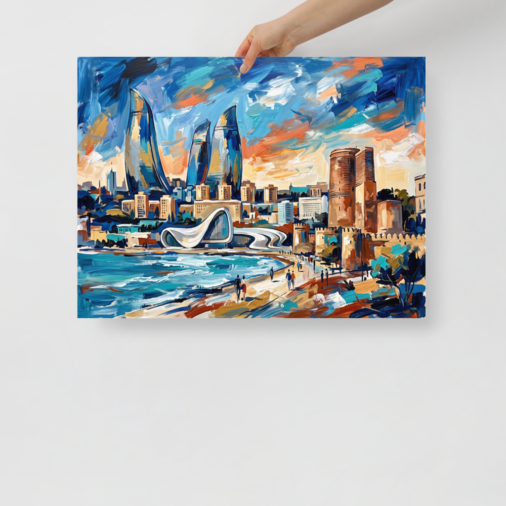 Expressionism wall art exploring architecture, 'City of Flames'. Vibrant expressionist painting of futuristic flame towers and historic stone fortress by the sea, ideal for a living room wall.