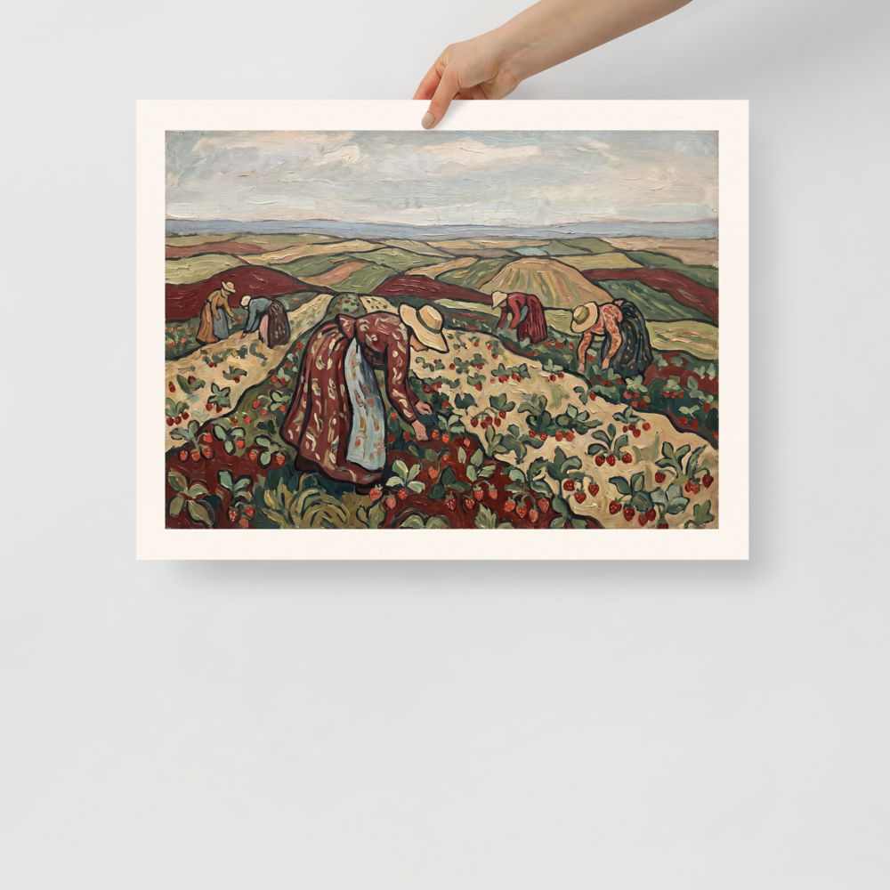 Les Nabis wall art, 'Strawberry Harvest in Rolling Hills'. Women harvesting red strawberries in rolling green hills, perfect for a cozy Living Room setting.