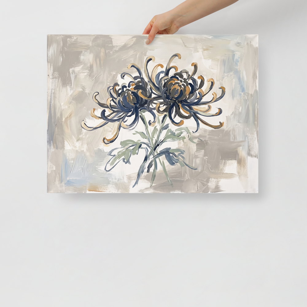 'Midnight Chrysanthemums', Impressionism wall art in dark blue and gold. An impressionist painting of two blooming chrysanthemums with swirling dark blue and gold petals against a textured grey background, perfect for a calming bedroom.