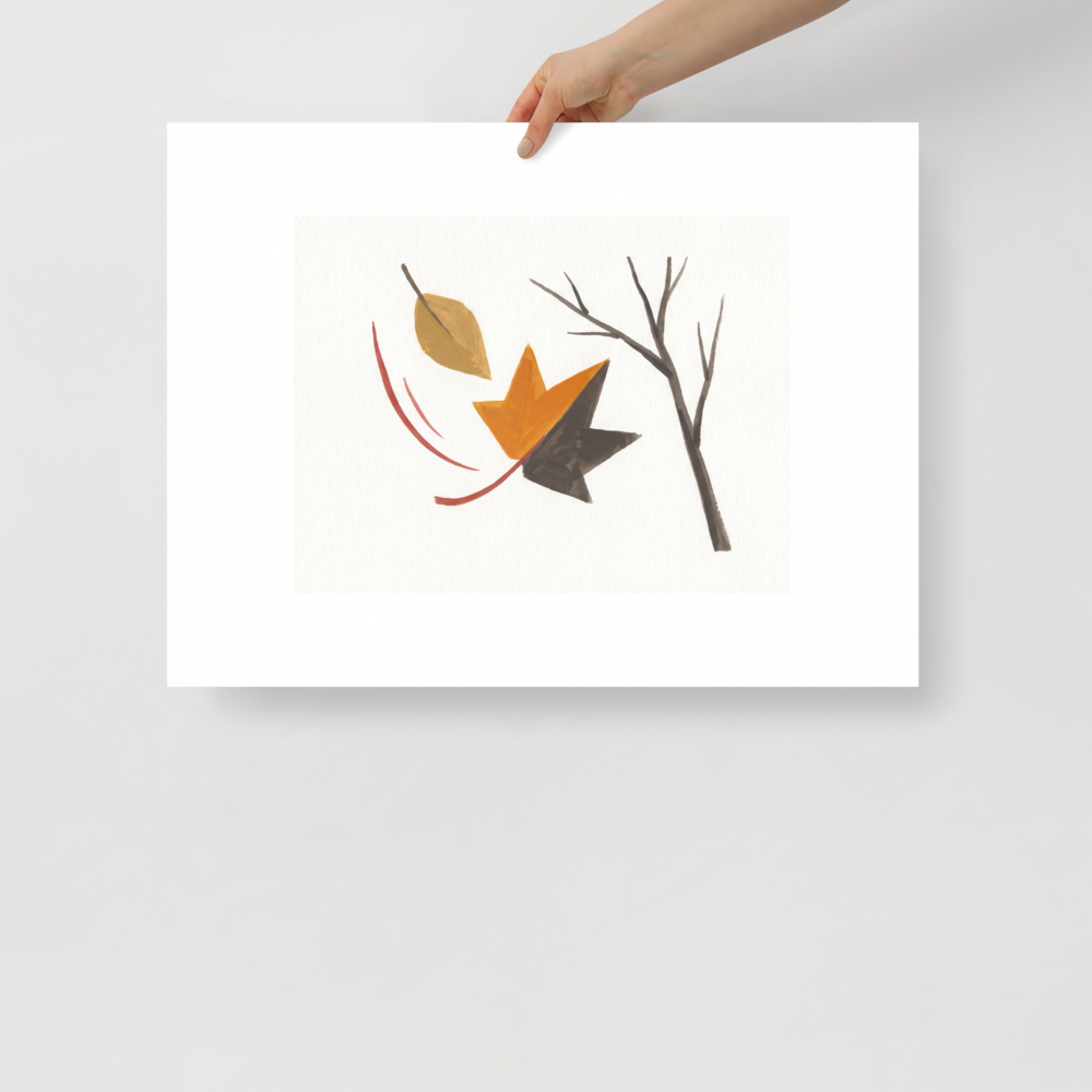 'The Final Leaf' by Meron. A minimalist watercolor painting of an orange leaf falling from a bare branch against a white background, perfect for a calming Bedroom or Office. A Minimalism wall art print.