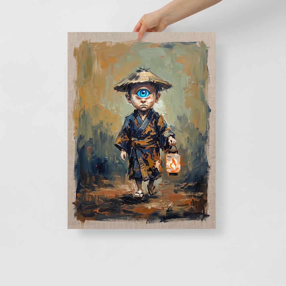'The Lantern Bearer' by Meron. An oil painting of a one-eyed Japanese child spirit with a lantern in an entryway wall art setting. A Japanese art wall art print.